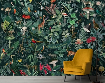Dark Botanical Wallpaper: Vintage Tropical Forest Peel and Stick Wall Mural