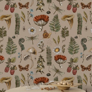 Daisies and Butterflies, Boho Wallpaper, Vintage Wallpaper, Mushroom Wallpaper,  Peel and Stick Wallpaper Boho, Wall Art, House Decor