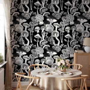 Black and White Mushroom Wallpaper: Dark Botanical Peel and Stick