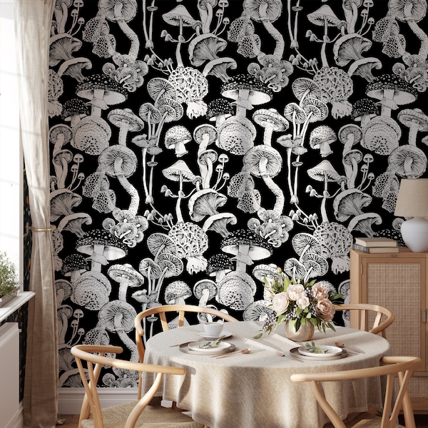 Black and White Mushroom Wallpaper, Dark Botanical Wallpaper Vintage, Mushroom Peel and Stick Wallpaper Vintage, Dark Wallpaper