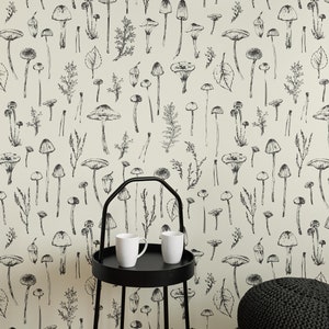 Black and White Mushroom Wallpaper, Light Botanical Wallpaper Vintage, Mushroom Peel and Stick Wallpaper Vintage, Renters Wallpaper