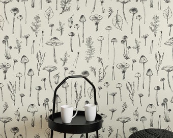 Mushroom Wallpaper: Black and White Botanical Peel and Stick