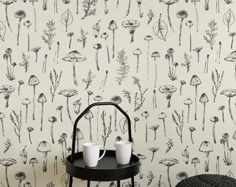 Black and White Mushroom Wallpaper, Light Botanical Wallpaper Vintage, Mushroom Peel and Stick Wallpaper Vintage, Renters Wallpaper