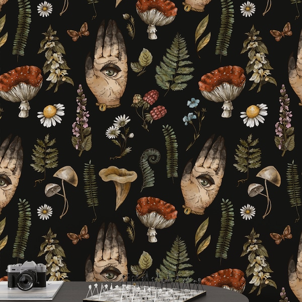 Dark Botanical Wallpaper: Hamsa, Mushroom Wall Mural