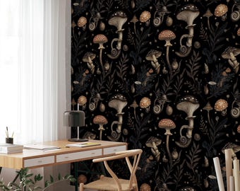 Dark Botanical Mushroom Wallpaper: Vintage Style, Removable Mural