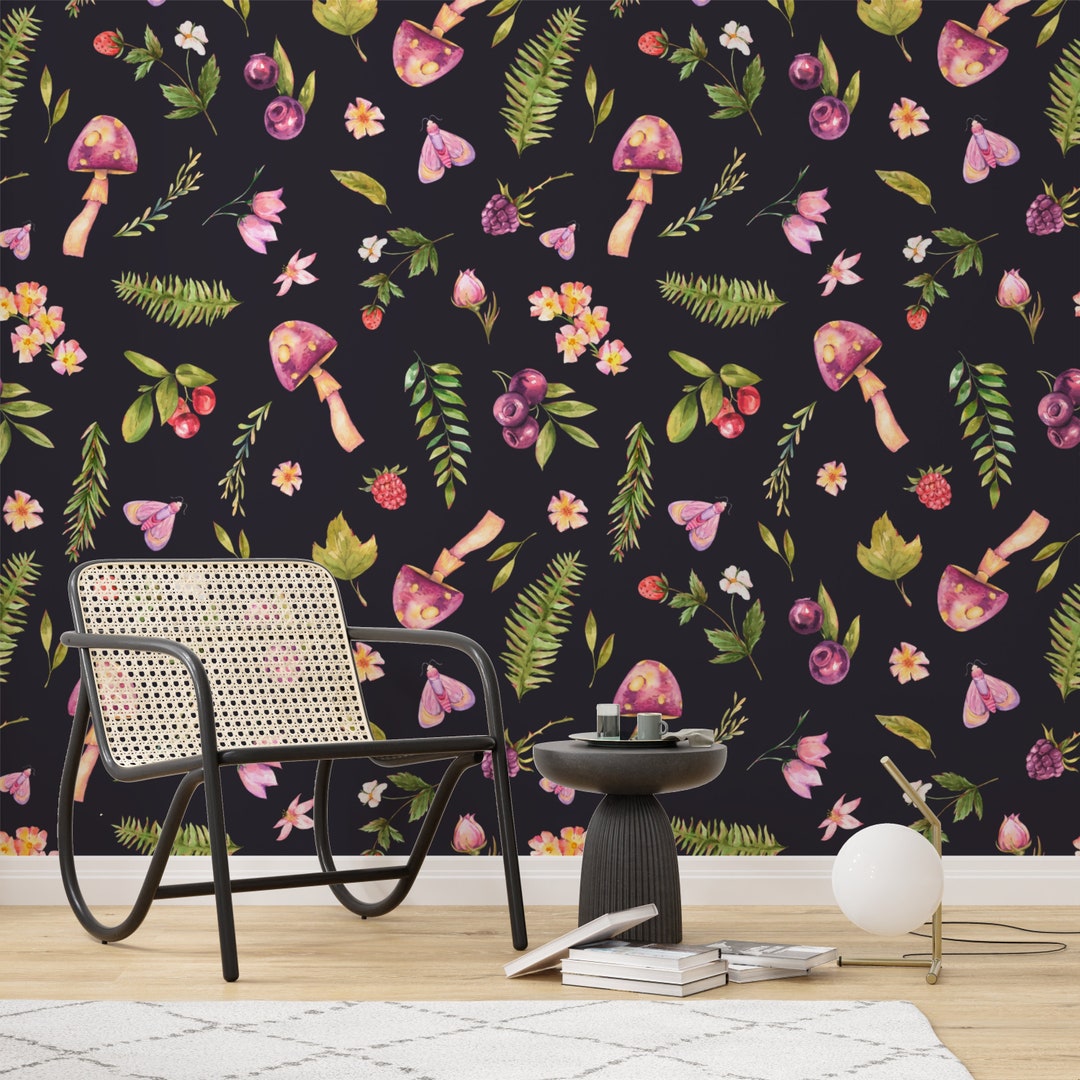 Botanical Mushroom Wallpaper: Purple Butterfly Wall Mural - Etsy