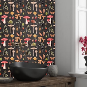 Dark Botanical Mushroom Wallpaper: Vintage Forest Wall Mural