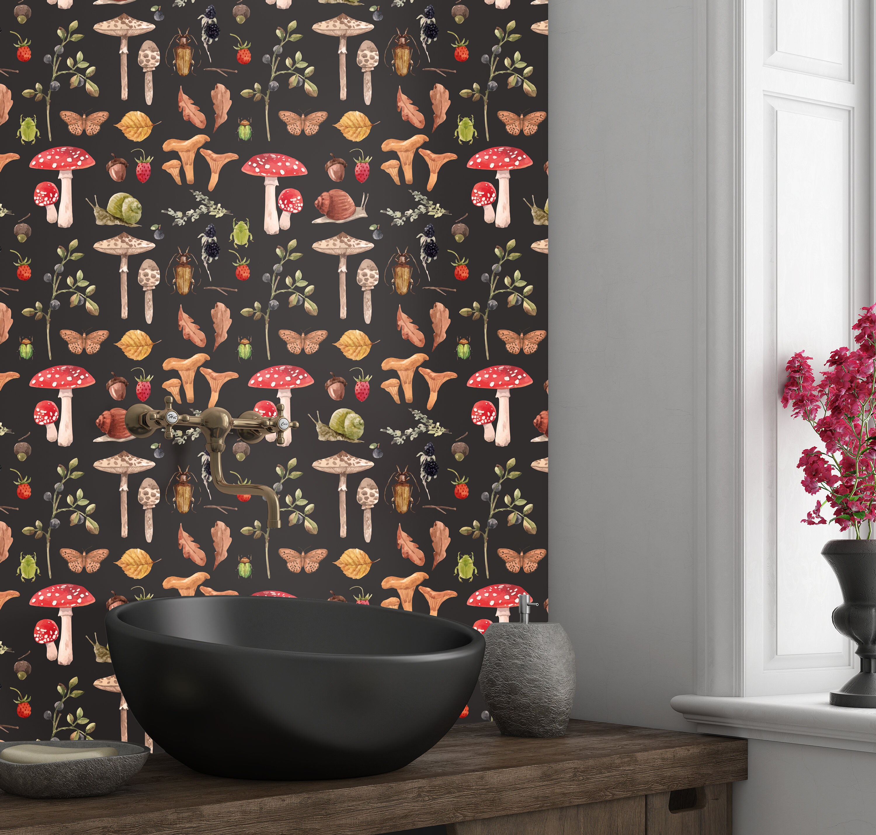 Dark Botanical Mushroom Wallpaper: Vintage Forest Wall Mural - Etsy