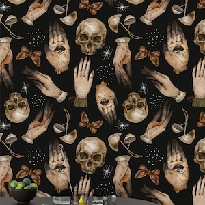 Mystic Skull Wallpaper: Hamsa, Mushroom, Dark Academia Peel and Stick Wall Mural