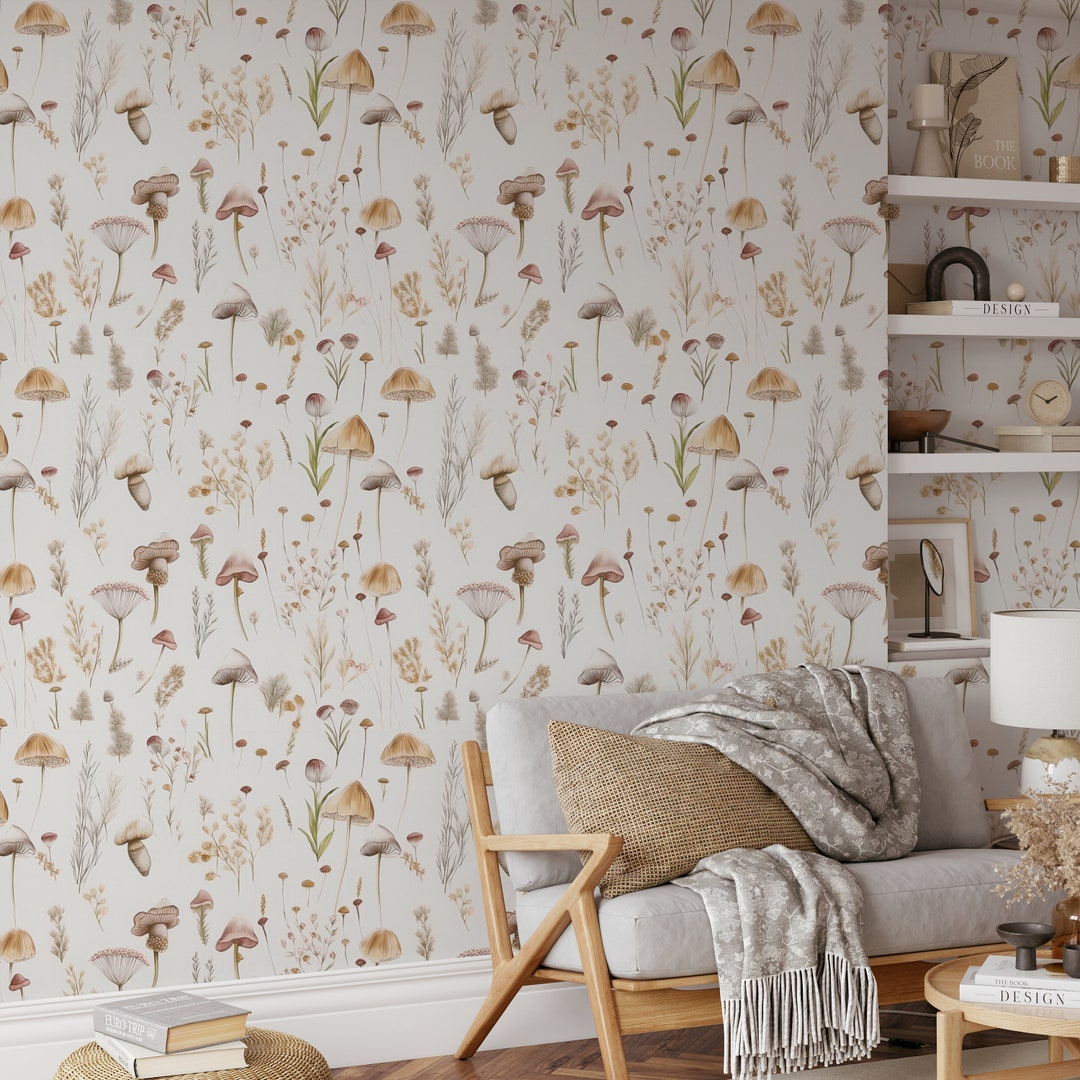 Watercolor Mushroom Wallpaper: Botanical Floral Field, Peel and Stick ...