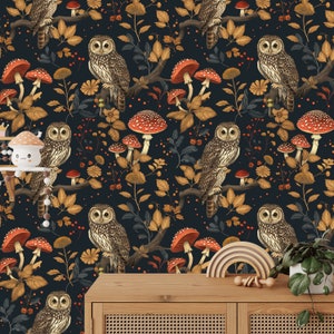 Forest Mushroom Wallpaper Peel and Stick, Nursery Woodland Wallpaper, Botanical Wallpaper, Funky Peel and Stick Wallpaper, Mushroom Mural
