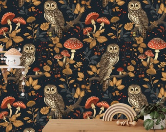Forest Mushroom Wallpaper Peel and Stick, Nursery Woodland Wallpaper, Botanical Wallpaper, Funky Peel and Stick Wallpaper, Mushroom Mural