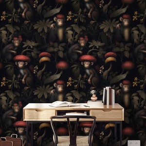 Dark Botanic Wallpaper Mushroom and Monkeys, Secret Garden Peel and Stick, Magic Forest Mural, Vintage Mushroom Wallpaper, Woodland Mural