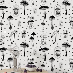 Black and White Wallpaper, Mushroom Wallpaper, Vintage Wallpaper, Sun and Moon Wallpaper, Wall Mural Wallpaper, Peel and Stick Wallpaper