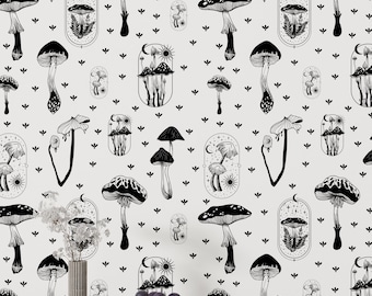 Mushroom Wallpaper: Black and White Vintage Sun & Moon Peel and Stick Wall Mural