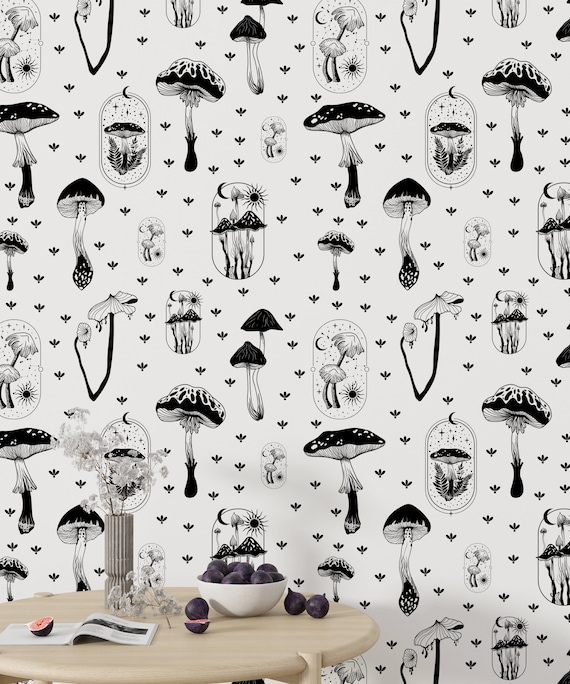 Mushroom Wallpaper: Black and White Vintage Sun & Moon Peel and Stick Wall Mural
