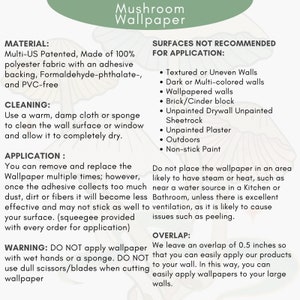 May include: Mushroom wallpaper instructions with information about the material, cleaning, application, surfaces not recommended for application, and overlap. The text is in black and white on a white background with a mushroom design.
