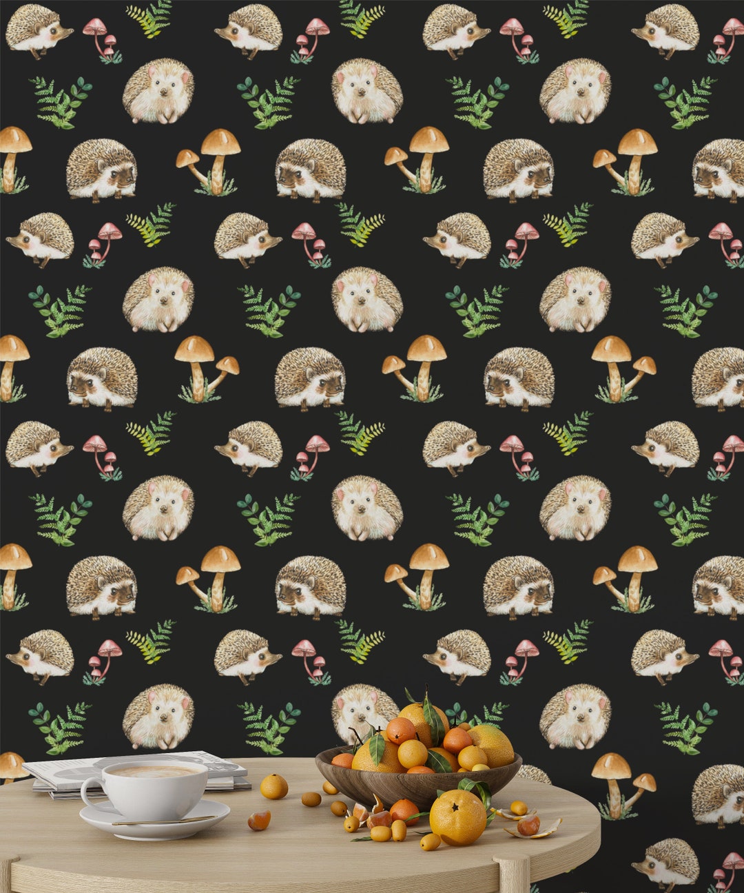 Hedgehog Wallpaper, Mushroom Wallpaper, Botanical Wallpaper, Wall Art