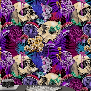 Colorful Mushroom with Skulls Wallpaper, Gothic Wallpaper, Skull Wallpaper Peel and Stick, Mushroom Wallpaper, Colorful Wallpaper