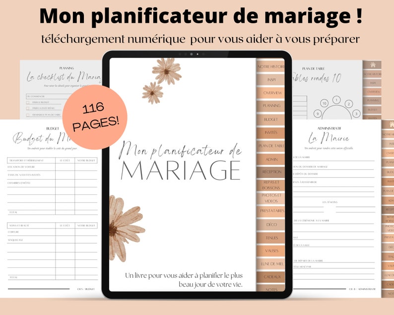 Planificateur de mariage en français , Planificateur de mariage iPad, Goodnotes de mariage, Liste de mariage, checklist, Budget de mariage image 1