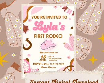 First Rodeo Birthday Invitation, Pink & Brown Western Theme, Editable Canva Template