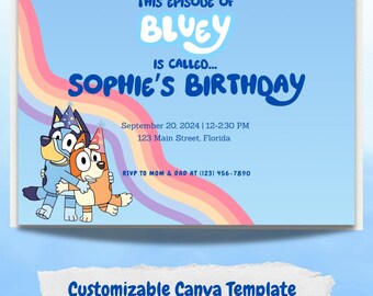 Bluey Birthday Invitation, Customizable Canva Template, Kids Party Invite, Digital Download