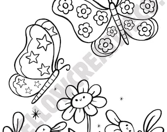 Whimsical Nature Coloring Pages, Printable Digital Download, Butterflies, Flowers, Snail & Rainbow, Fun Kids Activity
