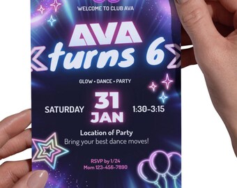 Glow Party Birthday Invitation Template | Neon Dance Party Invite | Editable Instant Digital Download