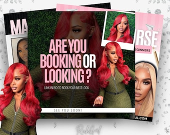 May include: A collage of 10 social media flyers for makeup artists. The flyers feature a pink background with the text "Are you booking or looking?" and a photo of a woman with red hair. The flyers also include the text "See you soon!" and "Rich Girl Essentials".