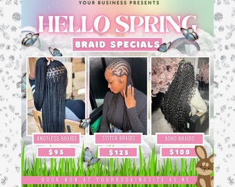 Spring Flyer, Easter Spring Sale Flyer, Beauty Flyer, Spring Braids Flyer Braids Flyer, Braids Special Flyer, March/April Hair Booking Flyer
