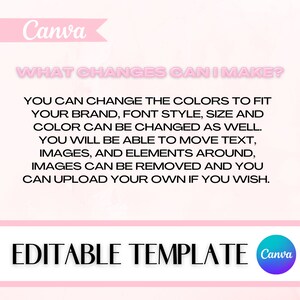 May include: Pink and white graphic with the text "Canva" and "WHAT CHANGES CAN I MAKE?" in a bold black font. The text below explains that you can change the colors, font style, size, and color of the template. You can also move text, images, and elements around. Images can be removed and you can upload your own. The graphic also includes the text "EDITABLE TEMPLATE" and the Canva logo.