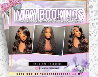 May include: A pink and purple graphic with a white cloud background and butterflies. The text "MAY BOOKINGS now available" is in a purple box. The text "SXX DEPOSIT REQUIRED @RICHGIRLESSENTIALS BOOK NOW AT YOURBOOKINGSITE.AS.ME RichGirl ESSENTIALS" is at the bottom of the graphic. Three photos of women with long, curly hair are in the middle of the graphic.