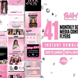41 Pink Social Media Bundle -Appointment Flyer, Book Now Flyer, Monthly Bookings Flyer, Calendar Flyer, Hairstylist, Nail, Lash, MUA, Salon