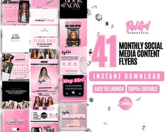 41 Pink Social Media Bundle -Appointment Flyer, Book Now Flyer, Monthly Bookings Flyer, Calendar Flyer, Hairstylist, Nail, Lash, MUA, Salon