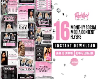 16 Pink Social Media Bundle - Appointment Flyer, Book Now Flyer, Monthly Bookings Flyer, Calendar Flyer, Hairstylist, Nail, Lash, MUA, Salon