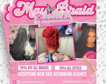 May Braid Flyer, May Appointments Available flyer,  Hair Flyer, Knotless Sale Flyer, Braid Special Flyer May Booking Flyer Braider Wig Flyer
