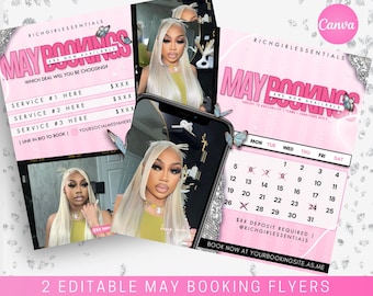 May include: Two pink and white flyers with the text "MAY BOOKINGS ARE NOW AVAILABLE" and a calendar with the month of May. The flyers also include the text "RICHGIRLESSENTIALS" and "BOOK NOW AT YOURBOOKINGSITE.AS.ME".