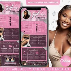 May include: Five pink and silver editable Acuity scheduling templates for a business called "Minks by Trinity". The templates feature a photo of a woman with long blonde hair, a photo of eyelashes, and a section for booking policies. The templates are designed for use on a mobile phone.