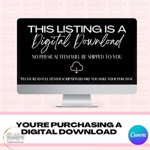 May include: A black computer screen with white text that reads "This listing is a Digital Download. No physical item will be shipped to you. *Please read full item description before you make your purchase." There is a cloud with a download arrow icon below the text.