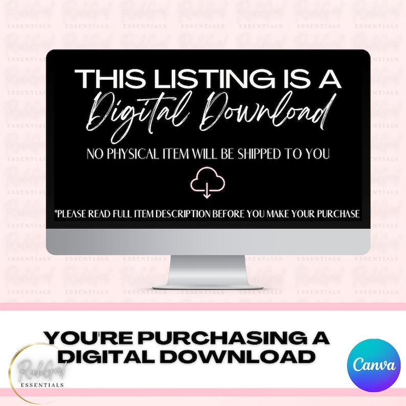 May include: A black computer screen with white text that reads "This listing is a Digital Download. No physical item will be shipped to you. *Please read full item description before you make your purchase." There is a cloud with a download arrow icon below the text.