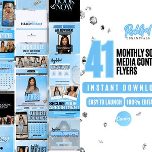 May include: A digital marketing kit for social media featuring 41 customisable flyers in a blue and white colour scheme. The text "Rich Girl Essentials" and "Monthly Social Media Content Flyers" is featured on the image. The text "Instant Download, Easy to Launch, 100% Editable" is also featured on the image. The image includes a Canva logo.