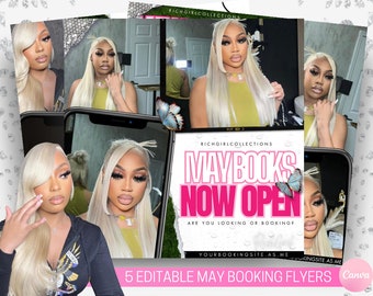 May include: A collection of five editable May booking flyers. The flyers feature a woman with long blonde hair, and the text "MAY BOOKS NOW OPEN" in pink. The flyers are designed with a butterfly graphic and the website address.