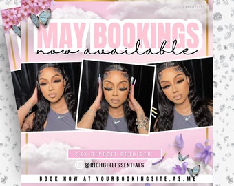 Pink May Bookings Flyer, May Bookings Available, May Appointment Flyer, Monthly Booking Flyer, Hair, Nails, Makeup, Lashes, Braids