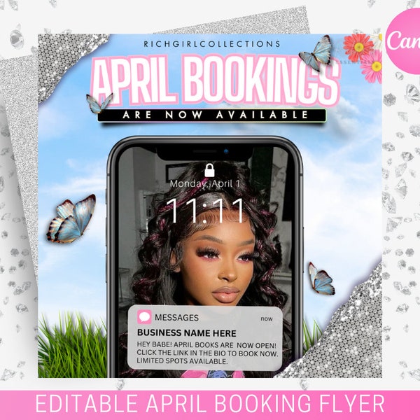 April Booking Flyer, Easter Flyer Hair Makeup MUA Lashes Locs Braids Wigs Esthetician Nails Flyer, April Booking flyer, April Books Are Open