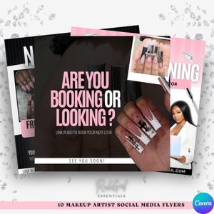 Op de afbeelding: Een roze en zwarte social media flyer met de tekst "Ben je aan het boeken of aan het kijken?" en "Link in bio om je volgende look te boeken". De flyer bevat ook de tekst "Tot snel!" en "Rich Girl Essentials".