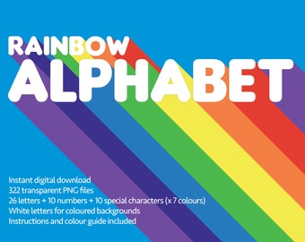 Rainbow alphabet, rainbow letters, alphabet clipart, white letters, colourful letters, white font clipart, LGBTQ, childrens alphabet