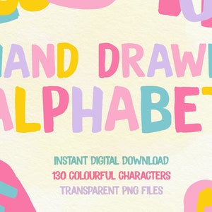 Clipart de letras desenhadas à mão, fonte do alfabeto com pincel, letras decorativas em tons pastéis, fonte DIY colorida, clipart de fontes, clipart de letras