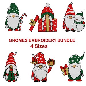 May include: A collection of Christmas gnome embroidery designs. The gnomes are depicted in various poses, wearing red and green outfits, and holding gifts, candy canes, and bells. The text "GNOMES EMBROIDERY BUNDLE 4 Sizes" is displayed.