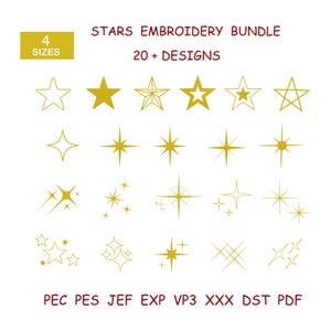 Peut inclure: Ensemble de motifs d'étoiles dorées pour la broderie. L'image présente diverses formes d'étoiles, des contours simples aux étoiles pleines et aux éclats d'étoiles. Le texte en haut indique "STARS EMBROIDERY BUNDLE 20 + DESIGNS".