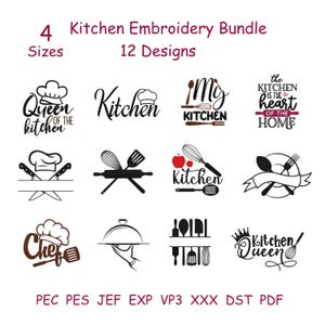 Puede incluir: Un paquete de bordado de cocina con 12 diseños. Los diseños incluyen texto e ilustraciones de utensilios de cocina, gorros de chef y frases como "Queen of the kitchen" y "My kitchen". La imagen también incluye el texto "4 Sizes".